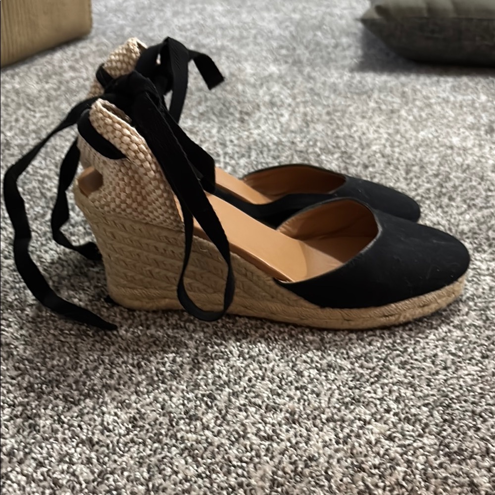 J. Crew Black and Tan Espadrille Wedges